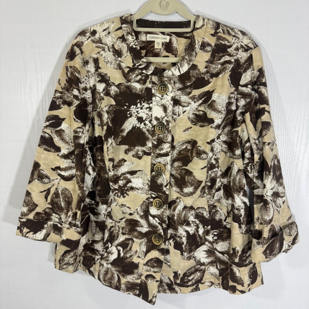 Coldwater Creek Floral Print‎ Linen Blend Button-Down 3/4 Sleeve Jacket Size 18